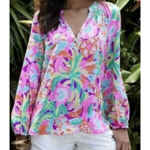 Lilly Pulitzer Silk Blouse ELSA Lulu Flamingo's Small S Pink